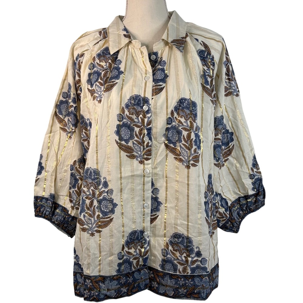 Clara The Label Women 3XL Cotton Floral Gold Striped Balloon Sleeve Button Shirt